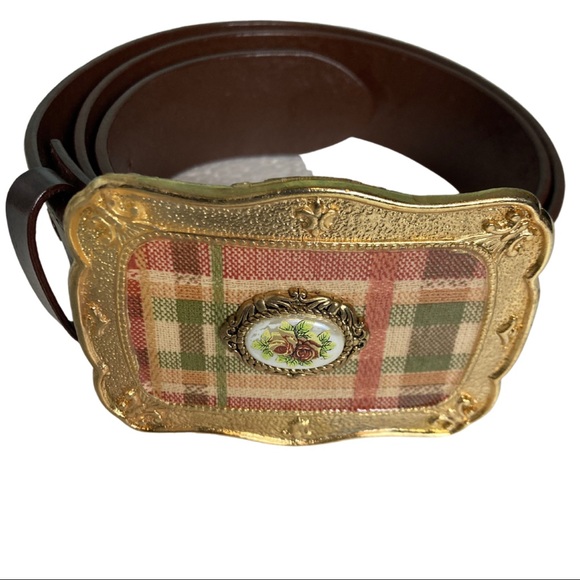 Vintage Tooled Leather Plaid Buckle Belt - Picture 5 of 7